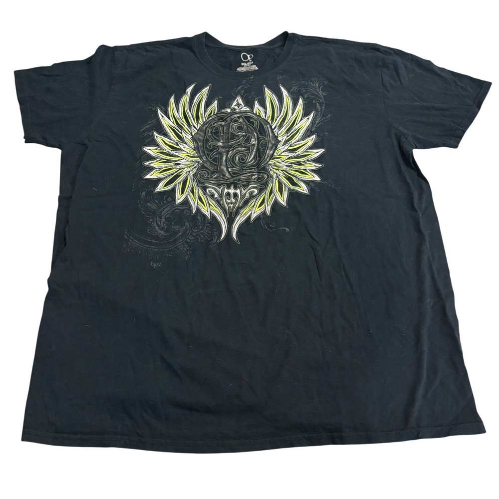 OP Ocean Pacific Mens 2XL Black Graphic Tee Tribal Winged Skull Y2K Style Shirt